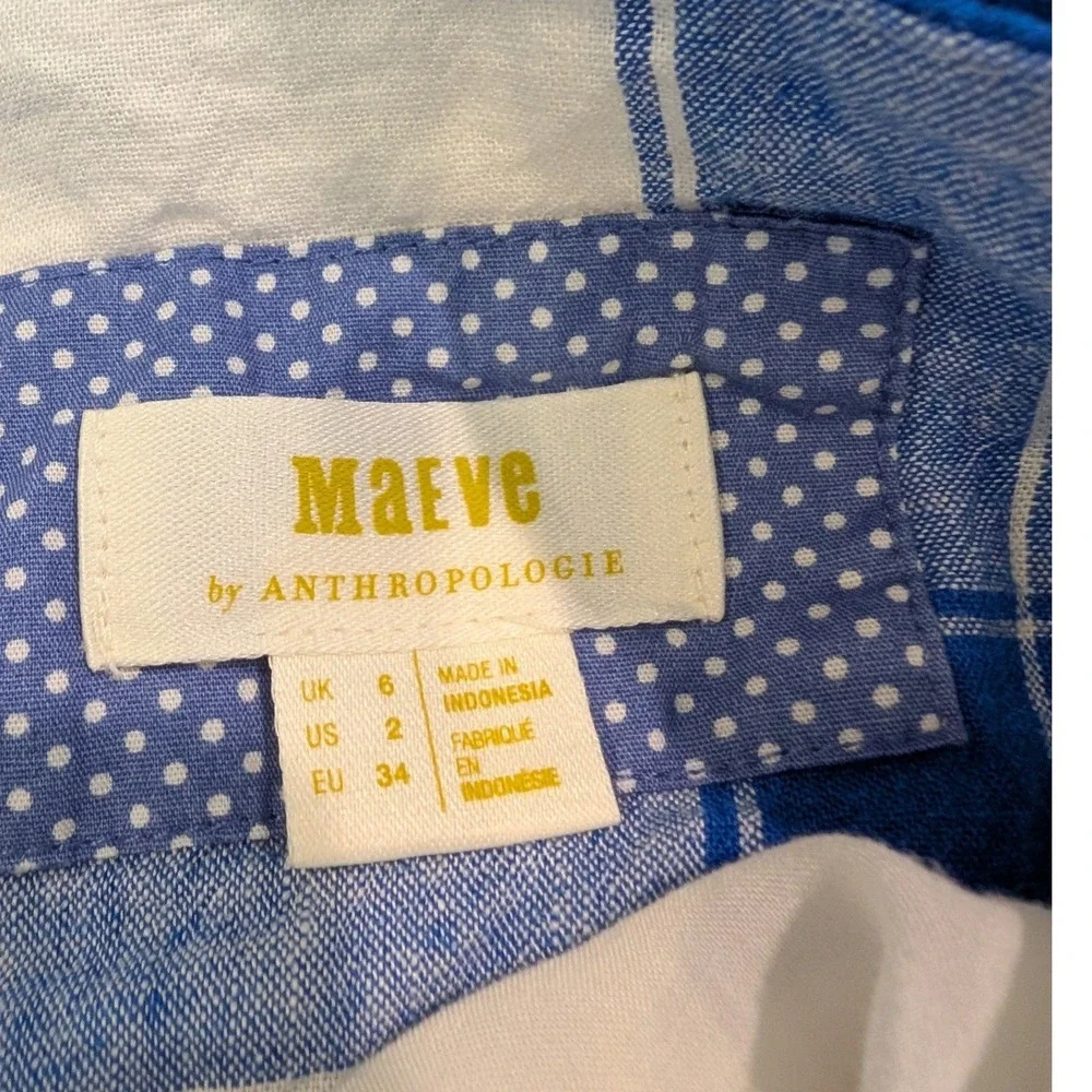 Maeve Anthropologie Midi Wrap Skirt Blue White Plaid Linen Blend Size 2 - Picture 6 of 10